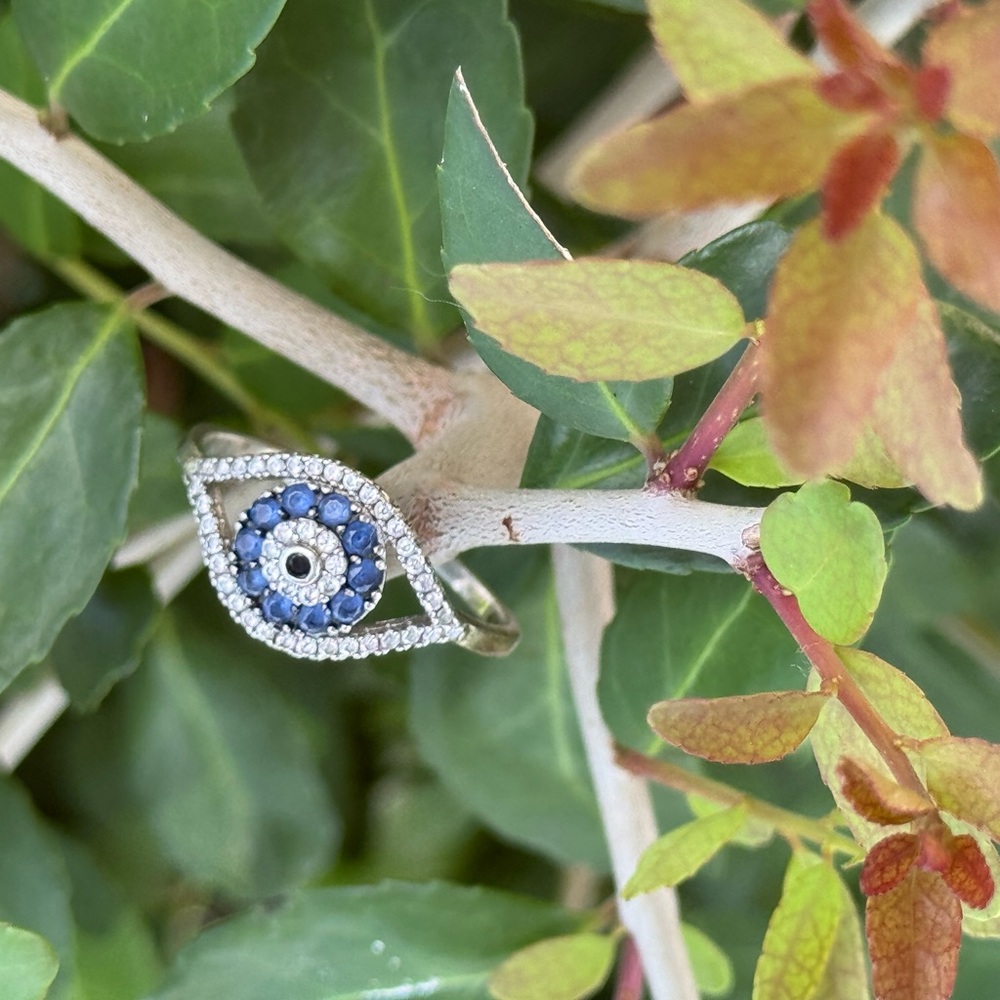 Elegant Blue and Silver Eye Ring Size 8